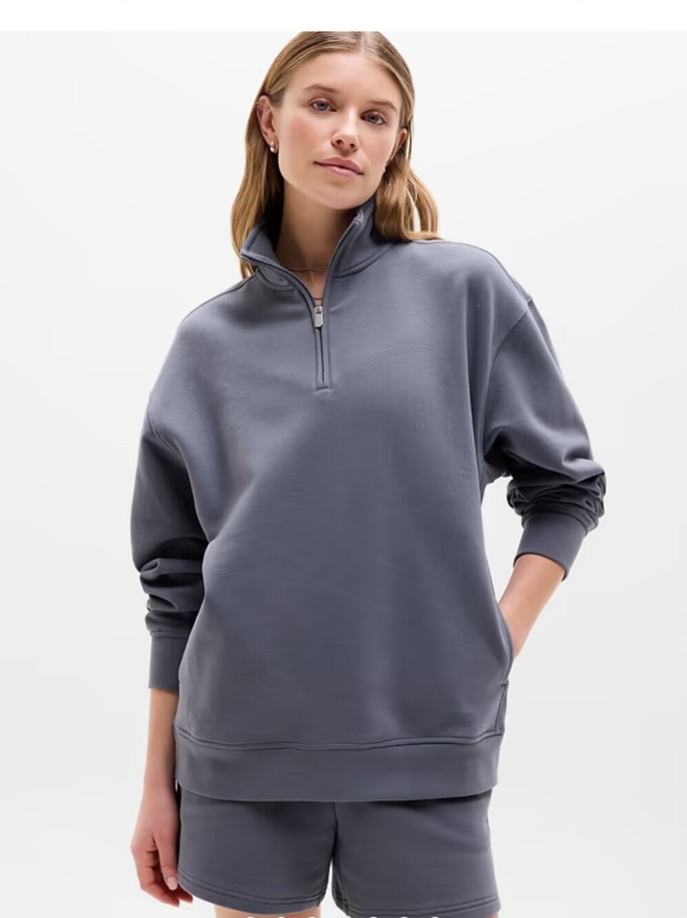 Athleta Forever Fleece 1/4 Zip Sweatshirt Plush Cozy Travel Slate Grey Med